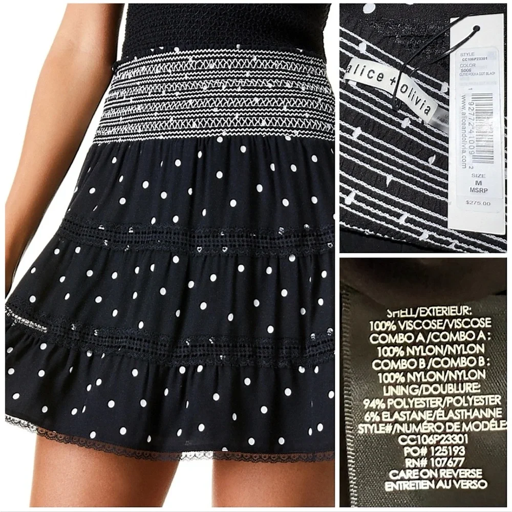 Alice + Olivia Annabeth Polka Dot Black White Lace Trimmed Mini Skirt